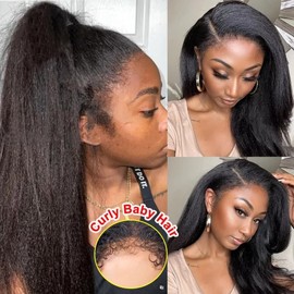 Curly Baby Hair HD 360 Lace Frontal Wig Yaki Kinky Straight Human Hair Wigs Pre Plucked Curly Baby Hair Transparent HD 360 Lace Front Wigs Glueless Kinky Edge Wig with Bleached Knots for Women 16"