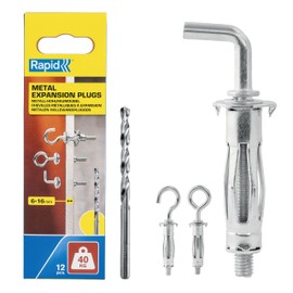 Rapid Cavity Dowels Metal with M5 Hook for Single-Layer Plasterboard and Plaster Fibreboard (6-16 mm), Load Capacity 40 kg, Set of 12 with Drill