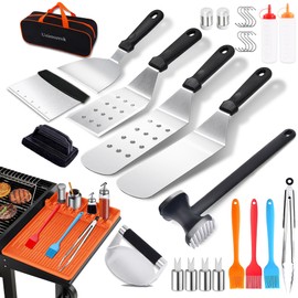 Ueimuzrok Griddle Accessories Kit for Blackstone, Flat Top Grill Tools with Smash Burger Press, Orange Silicone Grill Mat, Dual-side Meat Tenderizer Hammer, Griddle Spatula Set for Outdoor Camping BBQ