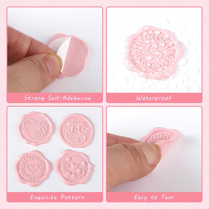 60 Pcs Wax Seal Stickers, Blush Pink, 4 Heart Styles