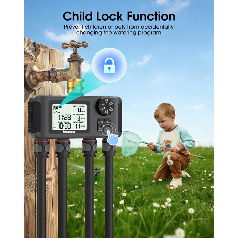 Insoma 4 Zones Sprinkler Timer with Brass Inlet & Outlet,