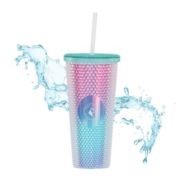 Vaso de Plástico Reusable con Doble Pared 710 ml Brillante con Popote (Azul)