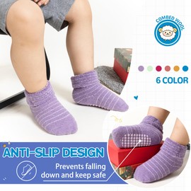 DoSmart Baby Toddler Non Slip Socks Infant Boys Girls Warm Thick Wool Ankle Crew Winter Socks with Grippers 6 Pairs(Stripe Heart,0-12 Months)