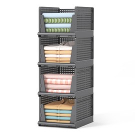 MSHOMELY Closet Organizers and Storage, 4 Packs Stackable Plastic Storage Basket for Closet, Stackable Plastic Storage Bins Storage Box Closet Shelves for Bathroom Kitchen Office, 4XL, Grey