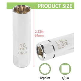 RACOONA 14mm/16mm Spark Plug Socket,Thin Wall Magnetic Spark Plug Socket,Car Accessories 12-Point Removal Tool 3/8 inch Square Drive Set,Compatible with Motorcycle,Car,SUV and More (16mm)