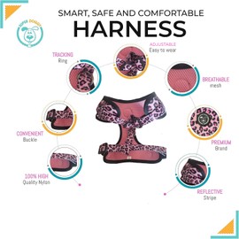 SUPER DOGGY No Pull Dog Harness Leash and Bag, Breathable Harness for Small and Medium Dogs, Harness and Leash with Safety and Visibility (Pink Leopard, XS(5-8 lbs)