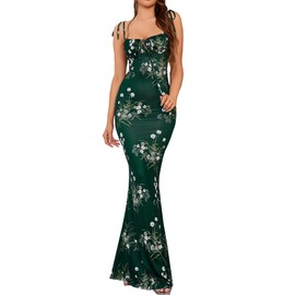 KUTUMAI Women's Summer Floral Bodycon Maxi Dress Spaghetti Strap Sleeveless Boho Long Dresses DG M
