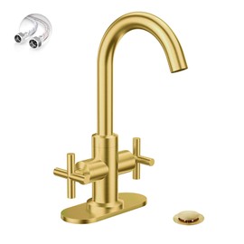 Phiestina Brushed Gold Bathroom Sink Faucet, 4 Inch Single Hole or 3 Hole Centerset Vanity Faucet, with Swivel 360 Degree Spout, Pop Up Drain and Water Supply Line, SGF0310-BG