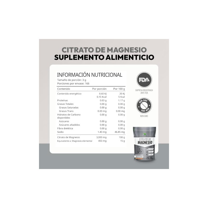NATSA Citrato de Magnesio 3000mg Premium Polvo 500 g 166