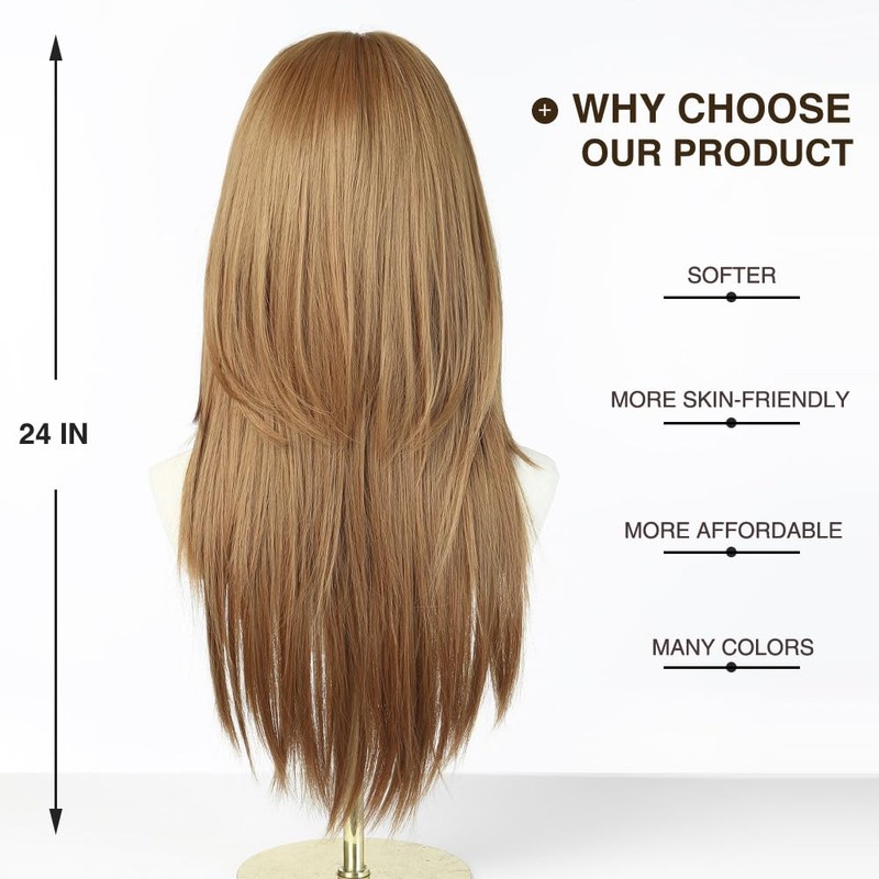 Long Straight Jellyfish Layered Strawberry Blonde Wig with Bangs-24IN