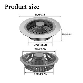Kitchen Sink Drain Strainer，3in1 Stainless Steel Pop-Up Sink Strainer Stopper（2Pcs）
