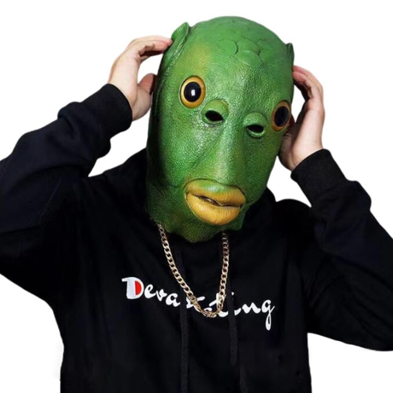 YFFSFDC Green Fish Head Mask, Fishman Mask, Funny Mask, Animal