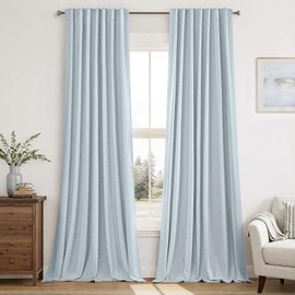 MIULEE Linen 100% Blackout Curtains 108 Inch Long 2 Panels, Back Tab Pinch Pleat Hook Belt Rod Pocket Thermal Insulated Drapes for Bedroom Living Room Light Blue Modern Black Out Window Curtains