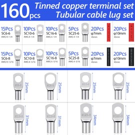 Cable lugs set, crimp connector set, 160 pieces cable lugs set, 6 mm², 10 mm, 16 mm², 25 mm², M6 M8 tin-plated copper ring terminals set, 80 pieces cable lugs, flat connector and 80 pieces heat shrink