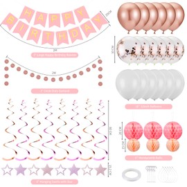 Rose Gold Party Decorations Bunting Set, Happy Birthday Banner with Hanging Swirls Stars, Balloons, Honeycomb Balls, Circle Dots Garland for Women Girls
