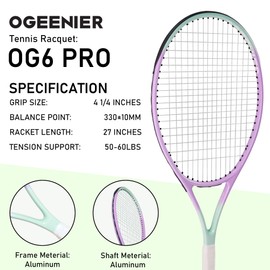 OGEENIER 27" Tennis Racket for Adults, Pre-Strung Tennis Racquet for Beginners, Lightweight and Recreational Rackets with 1 Overgrip and 3 Tennis Balls