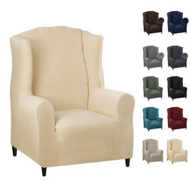 MAXIJIN Wingback Chair Covers 1-Piece Stretch Wing Chair Covers Soft Thick Wingback Armchair Slipcover Non-Slip High Back Chair Furniture Protector Washable (Wing Chair, Light Beige)