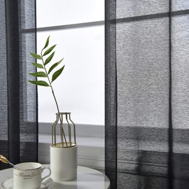 Black Sheer Curtains 95 Inch Length Set 2 Panels For Living Room Translucent Voile Sheer Drapes Solid Elegant Grommet Black Textured Sheer Curtains For Dining Room Windows 52 X 95 Inches Long