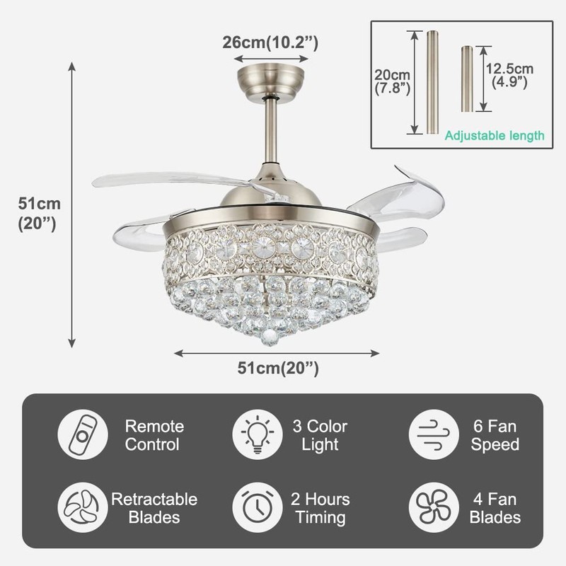 Qieynel Dimmable LED Crystal Fandeliers,Gold Crystal Ceiling Fan with Light