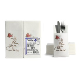 50 Airlaid Cutlery Napkins Fabric-Like Ready Folded Napkins with Slot 40 x 40 cm 1/8 Fold Cutlery Bag High Quality Wedding Catering Premium Quality White Pattern Herzlich Willkommen