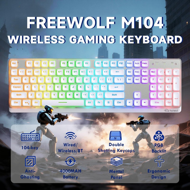 Free wolf M104 Wireless Gaming Keyboard with Numeric Keypad Tri-Mode(2.4Ghz/Wired/Bluetooth)