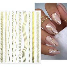 12 Sheets Gold Lines Nail Art Stickers 3D Self Adhesive Metal Curve Stripe Line Nail Decals Nail Art Supplies French Tips Strip Wave Design Manicure Decorations for Women Acrylic Nails Accessories