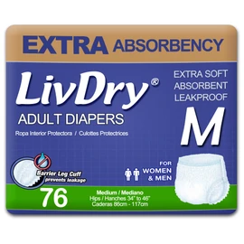 LivDry Adult Incontinence Underwear, Extra Absorbency Adult Diapers, Leak Protection, Medium, 76-Pack