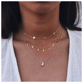 Allereya Boho Layered Thunder Necklace Crescent Moon Pendant Necklace Tiny Star Dangle Necklace Gold Lightning Bolt Necklace Choker Peace Dove Choker Necklace Jewellery for Women and Girls