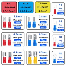 Tnisesm 280Pcs Spade Connector,Crimp Connectors 2.8mm 4.8mm 6.3mm Male and Female Spade Connector kit, 16 Types Crimp Terminals Electrical Connectors Includes Spade Ring Fork Wire Connectors