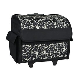 Everything Mary Collapsible Rolling Sewing Machine Tote - Premium Polyester Construction - Universal Fit - Portable with Dual Wheels and Telescoping Handle - Large Black Floral
