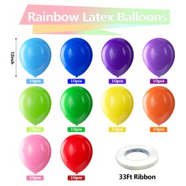 Bezente Assorted Rainbow Latex Balloons, 100 Pack 12 inch Round Helium Bright Color Balloons for Birthday Baby Shower Wedding Party Decorations | Bezente