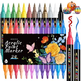 pindda Dual Tip Acrylic Paint Markers, 24 Colors Paint Pens with Fine Tip and Brush Tip Pens, Acrylic Paint Pens for Paper, Pottery, Stones, Backpacks, Glass, Eggs, Fabrics, Plastics, handicrafts