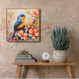Blue Bird and Blossom Framed Canvas Wall Art with Gold Accents – 12" x 12" Hand-Painted Pink Petals with 3D Effect Nature Poster Perfect for Living Room, Bedroom, or Gift. (Blue bird)