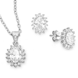 Panda-Jewellery 925 Sterling Silver Jewellery Set with Crystals - Oval - Many Colours - Stud Earrings for Women - Necklace with Pendant - Jewellery for Women with Gift Box, Sterling Silver, Crystal