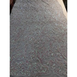 NEW CREATIONS FABRIC AND FOAM INC WHITE-PINK SEQUINS VINES DESIGN EMBROIDERY ON A 4 WAY STRETCH MESH-BY THE YARD.