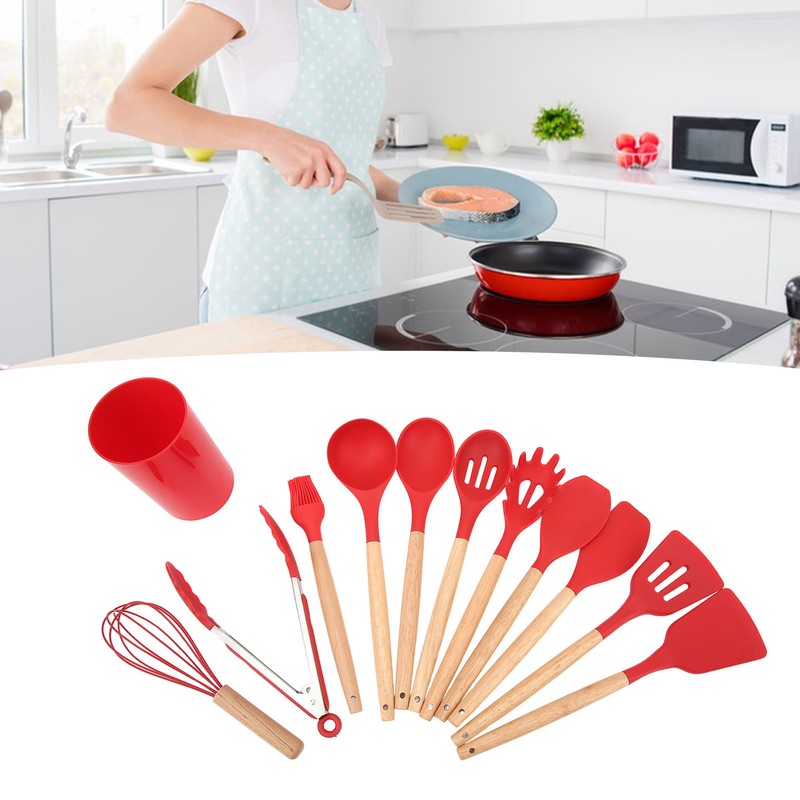 12 PCS Kitchen Cooking Utensils Set Ergonomic Wooden Handle Silicone