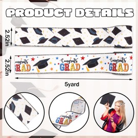 On-Airstore 2 pcs 2025 Graduation Ribbons Congrats Grad Grosgrain Decor Ribbons Grad Cap Printed Ribbon for Graduation Gift Wrapping Hair Sewing Wreath Bow Decoration 5 Yards