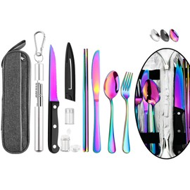 HOMMALY Utensilios Portátiles De Viaje Reutilizables Cubiertos con Estuche, Juego De Cubiertos De Viaje Para Acampar, Palillos Y Cubiertos De Paja, De Viaje De Acero Inoxidable U, UP-RB0001