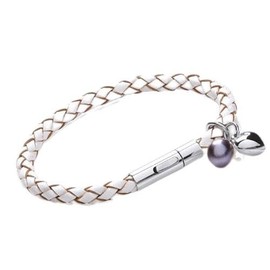Tribal Steel Women's White Leather Charm Bracelet with Freshwater Pearl Charm - Ladies 19cm Leather Bracelet with Pearl & Stainless Steel Heart Charm, Extra Secure Riveted Lever Clasp