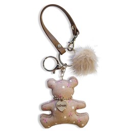 [byDream] Bear Key Chain, Bear Bag Charm, Plush Bear Keychain, Cloth Genuine Leather Strap, Real Mink Four, Comes with Pom Poms, Stylish, Cute, Strap, Bag, Gift, Present, Animal, Animal Charm,