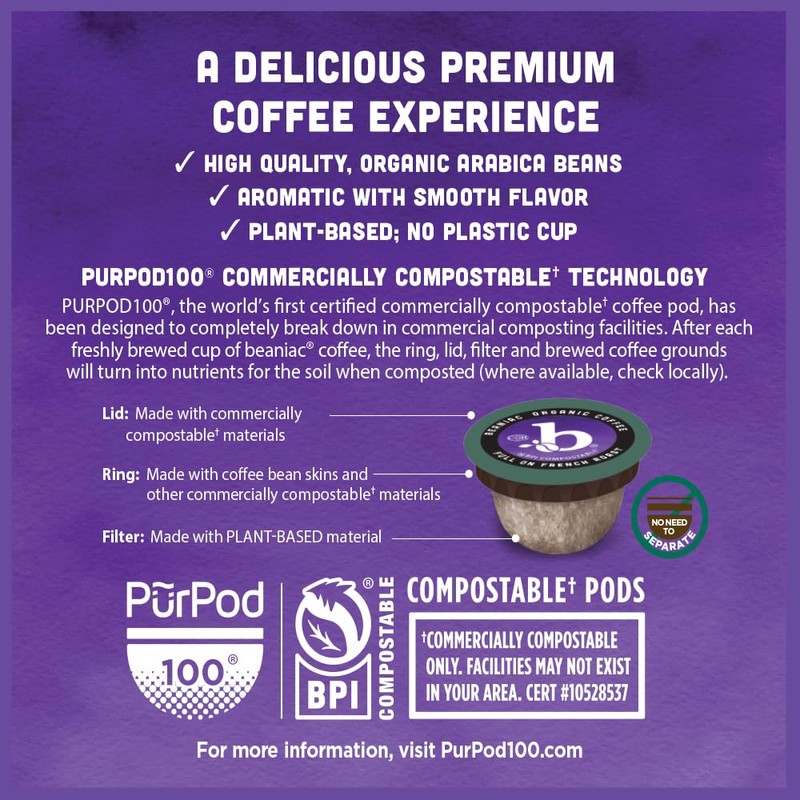 beaniac Organic Full On French Roast, Dark Roast, Single Serve