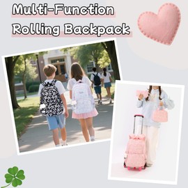 Bansusu 3Pcs Kids Rolling Backpack for Girls with Lunch Bag, Lucky Leaf School Bag Girls Roller Backpack with 6 Wheels, Pink