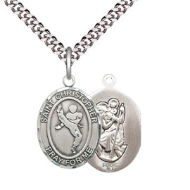 Medium Mens Sterling Silver Saint Christopher Martial Arts Medal Pendant on 24" Rhodium Plated Heavy Curb Brass Chain w/ Lobster Claw Clasp,Catholic Religious Necklace -Made in USA-Gift Boxed