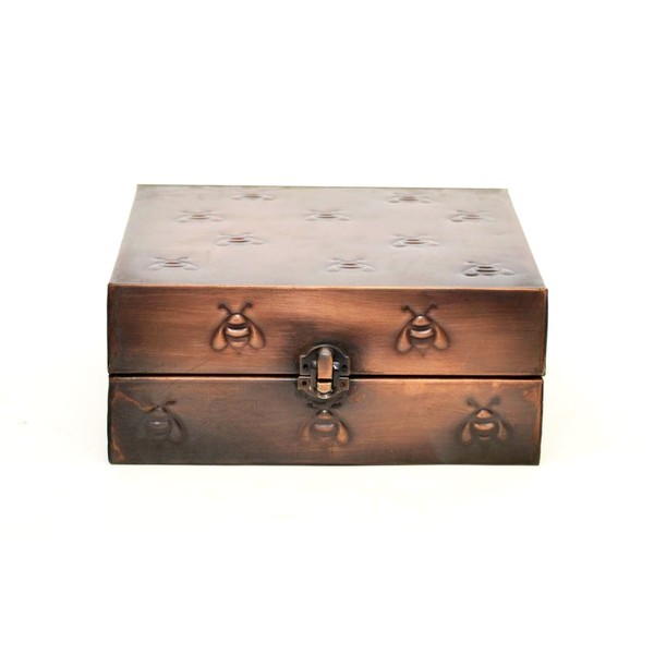 Copperized Tin Storage Box with Center Divider, Bumble Bee Pattern-3 5/8H x 8W