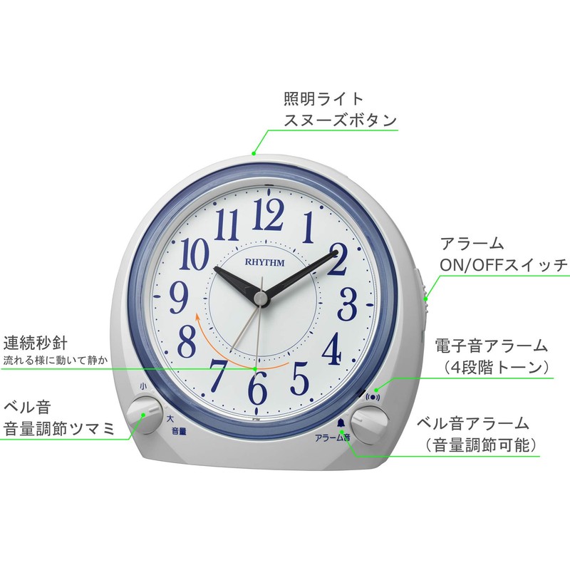 RHYTHM 8RA648SR03 Alarm Clock, Electronic Sound/Bell Sound, 2 Types of