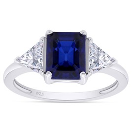 AFFY 14k White Gold Over Sterling Silver Emerald Cut Blue Sapphire With Trillion White Topaz Ring Jewelry For Womens Ring Size-5.5