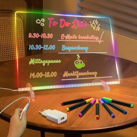 LED Note Board with 8 Colours and 6 Modes, 35 x 25 cm Acrylic Writing Board with Adapter, Adjustable Stand & 7 Makers, Luminous Writing Board for Drawing, Memo, Menu Price List, Advertising Board