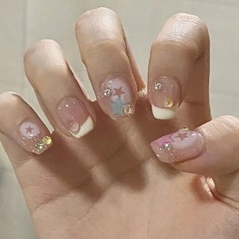 Cute False Nails, Extra Short Nail Tips Square Press On Nails with Mermaid Bubble Beads, Sweet Colour Design(24 Pieces)