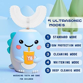 Cepillo de dientes eléctrico en forma de U para niños con 4 cabezales de cepillo, cepillo de dientes sónico para niños con 5 modos, dinosaurio de dibujos animados, limpieza de 360 grados, diseño