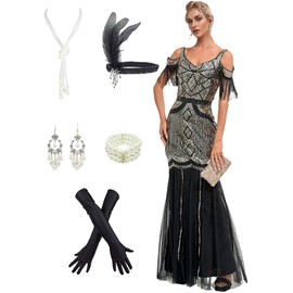 LELOVEFU 1920s Flapper Dresses Shimmering Sequin Vintage Mermaid Evening Gowns w/ 20s Accessories